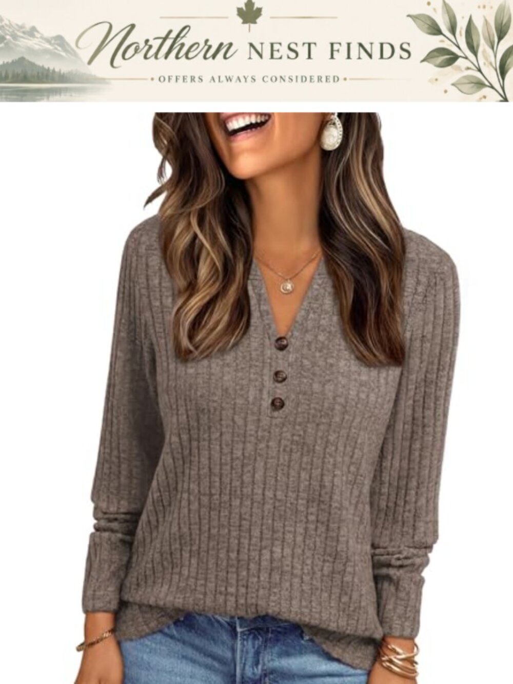 Famulily Womens V Neck Button Knit Pullover Sweater 65% Rayon Soft Comfy Long